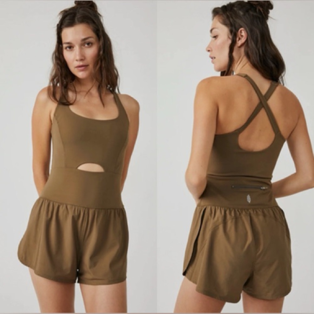 FP Righteous Runsie- Women’s Olive Brown Crossback Active Romper